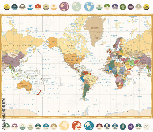 America Centered World Map with flat icons and globes.Vintage colors