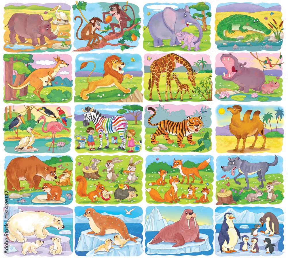 Set Of Cute Animals Rhino Monkey Elephant Crocodile Kangaroo Lion 