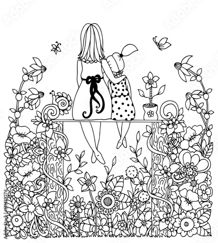 Vector illustration zentangl, mother and daughter sitting in the flowers. Doodle drawing. Coloring book anti stress for adults. Black and white.