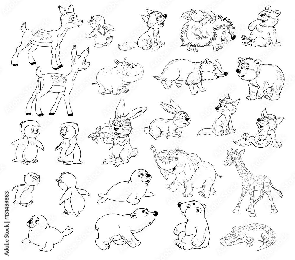 Set of cute baby animals. Coloring page. Deer, fox, penguin, hippo, rabbit, bear, giraffe, crocodile, elephant
