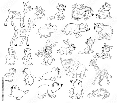 Set of cute baby animals. Coloring page. Deer  fox  penguin  hippo  rabbit  bear  giraffe  crocodile  elephant