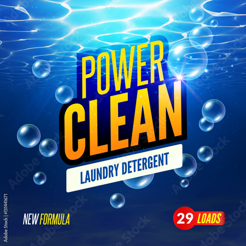 Laundry Detergent packaging vector template design. Detergent powdery design, cleaner label, underwater clean detergent fresh concept