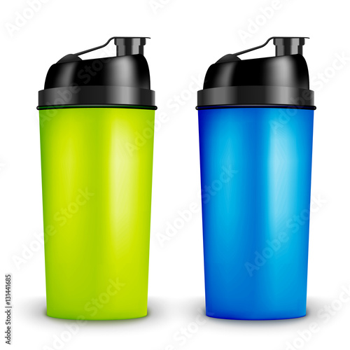 Protein shaker design template. Two colors sport bottles. Shaker bottle for gym bodybuilding