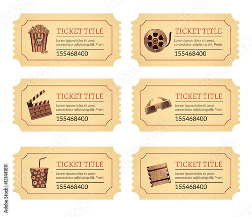 Set cinema movie tickets. Old vintage tickets labels with popcorn food and drink and other icons