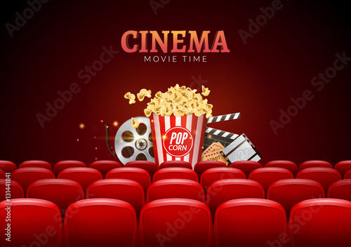 Movie cinema premiere poster design. Vector template banner for show with seats, popcorn, tickets
