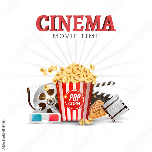 Cinema movie vector poster design template. Popcorn, filmstrip, clapboard, tickets. Movie time background banner