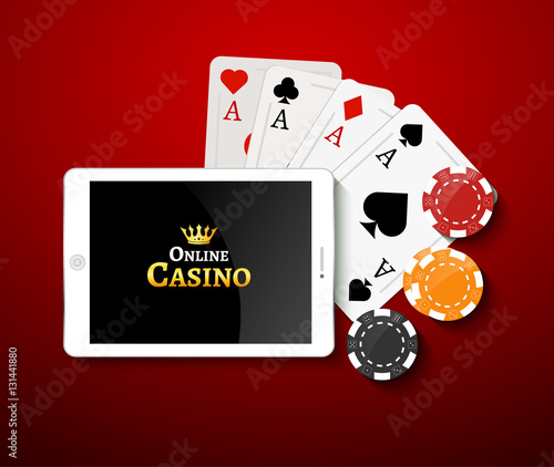 Online casino design poster banner. Tablet with poker chips and cards on table. Casino gambling background, poker mobile app