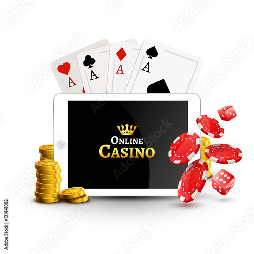 Online casino design poster banner. Tablet with poker chips, coins and cards on table. Casino gambling background, poker mobile app