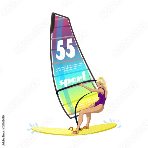 Windsurfing water sports on the ocean waves. Girl with a surfboard.