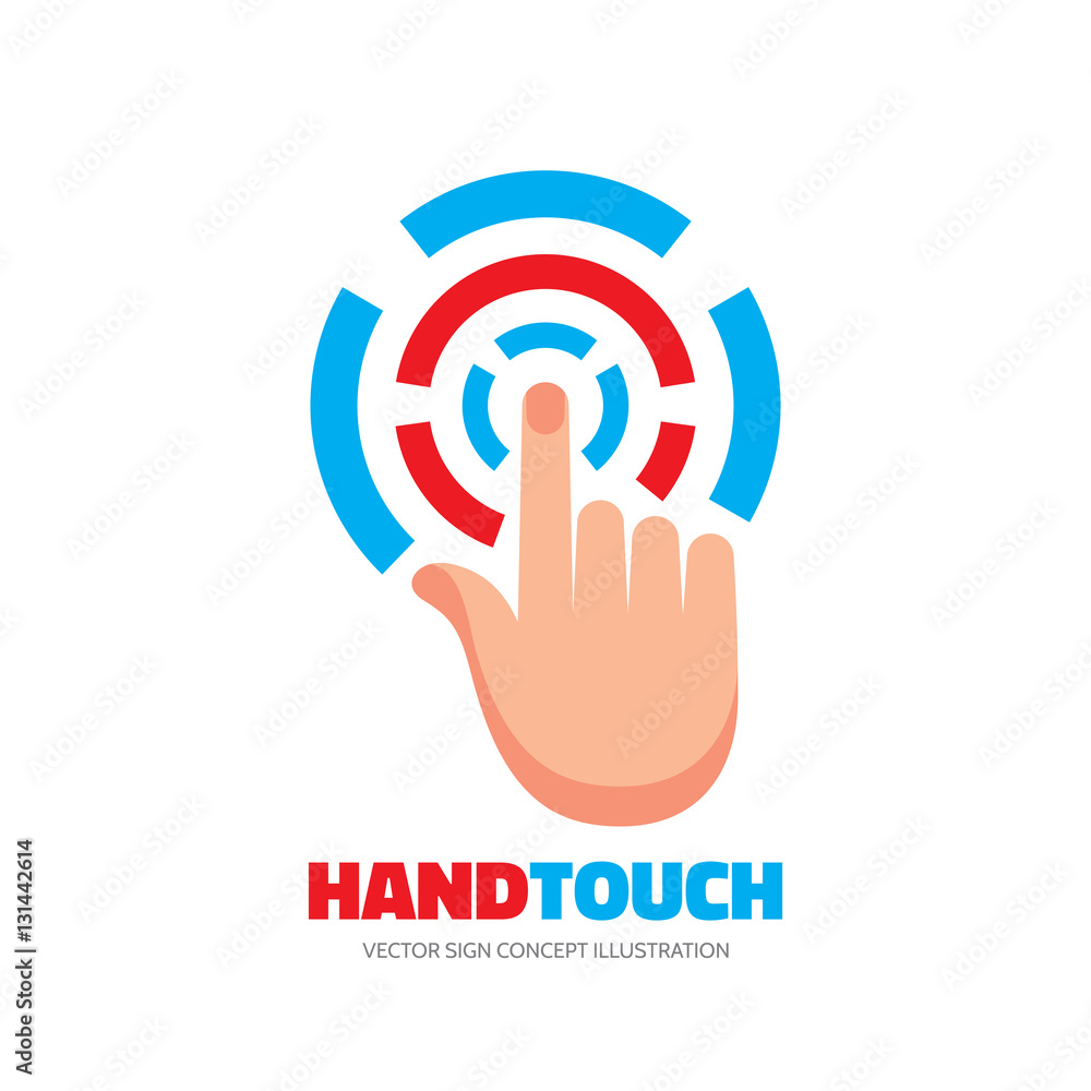 Touch screen finger - vector logo template concept illustration. Human hand on surface display. Modern mobile technology sign. Abstract symbol. Design element. Touch screen finger - vector logo template concept illustration. Human hand on surface display. Modern mobile technology sign. Abstract symbol. Design element.