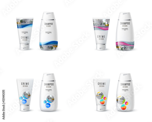 Abstract body care cosmetic brand concept. Cream, shampoo packaging. Realistic vector identity set template with soft waves, smooth shapes for beauty, medicine, healthcare. Design layout.