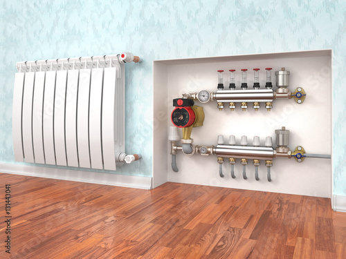 Cuadro en lienzo Heating concept. Underfloor heating with collector in the room.