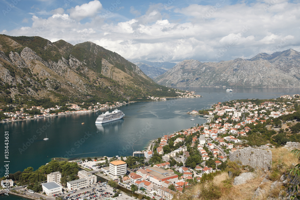 Nice view of the Bay of Kotor, mountains and the city. Montenegro