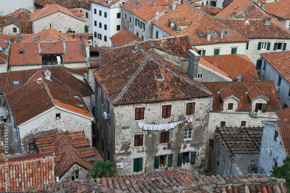 Old houses in the Kotor fortress. view from above. Montenegro
