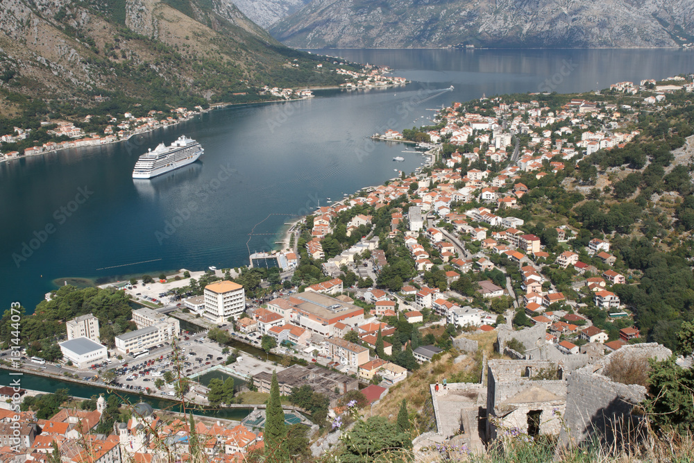 View of the Bay of Kotor and the old town from the fortress of St. John. Montenegro.