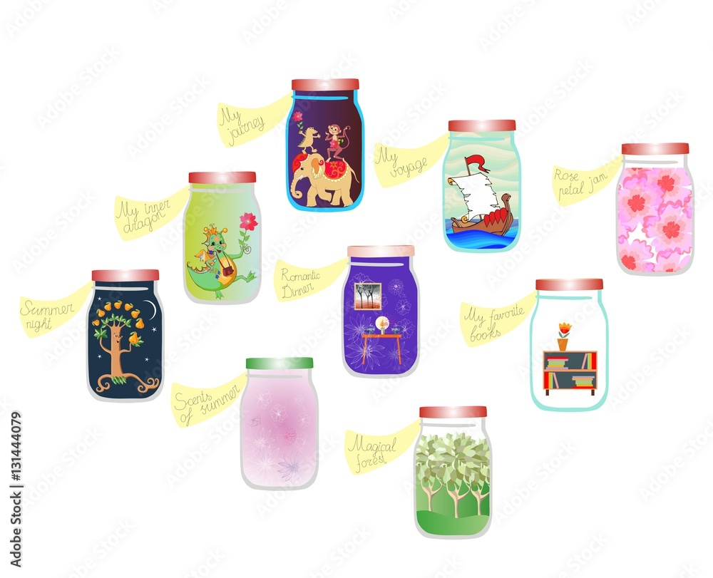 Fototapeta premium Vitamins for the Soul. Cute cartoon allegorical illustration. Medicine for the soul. Pleasant memories in glass jars.