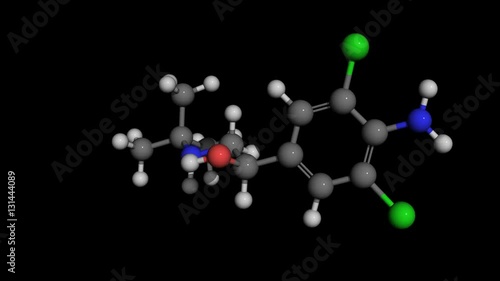 clenbuterol molecule model rotating. Clenbuterol is a sympathomimetic amine used by people with breathing disorders. Often abused for doping by athletes.