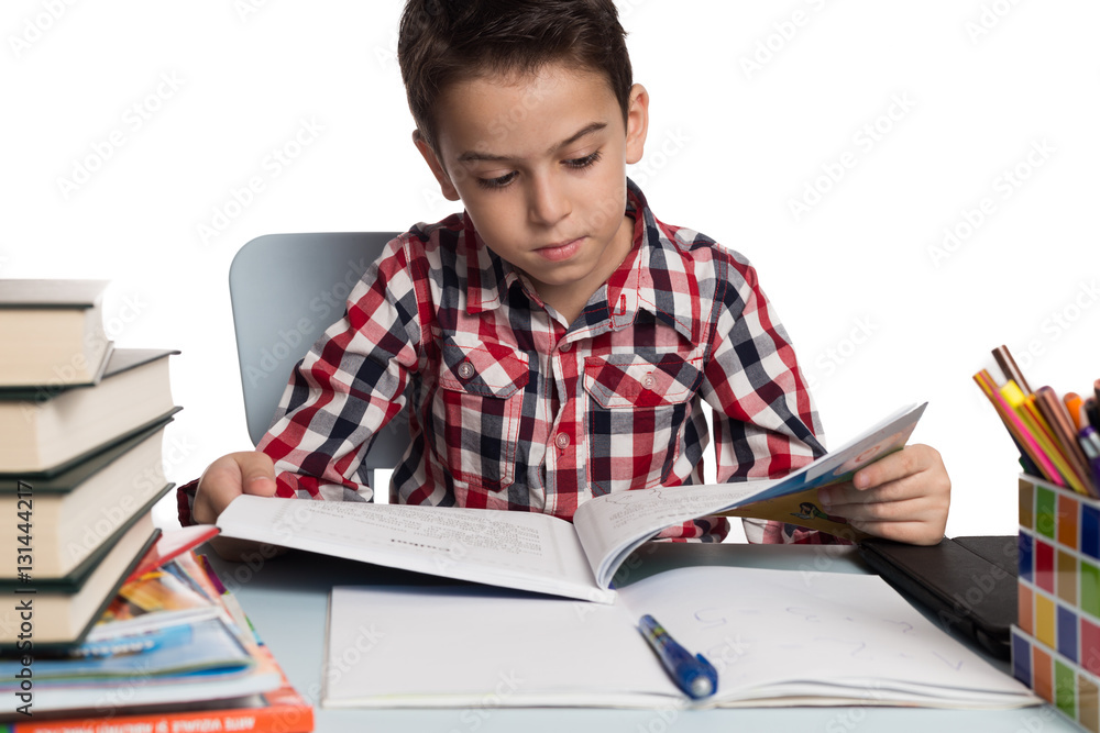 Concentrated school boy reading at his desk Concentrated school boy reading at his desk