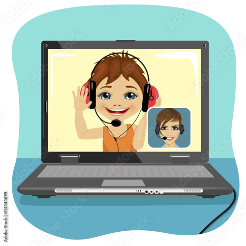 Little boy chatting with his mother via internet. Video call and chat concept. Modern communication technology.