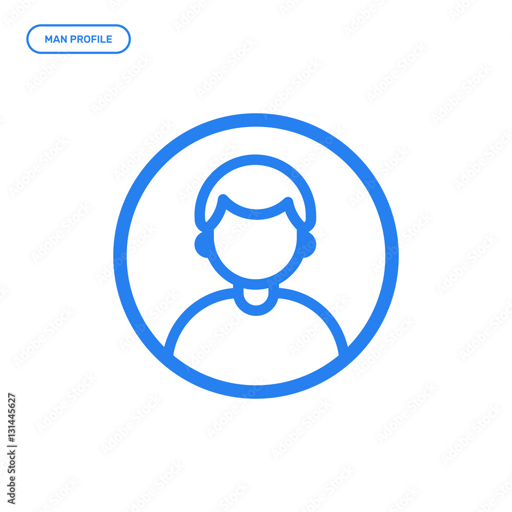 Vector illustration of flat line male icon. Graphic design concept of man profile. Use in Web Project and Applications. Blue outline isolated object. Vector illustration of flat line male icon. Graphic design concept of man profile. Use in Web Project and Applications. Blue outline isolated object.