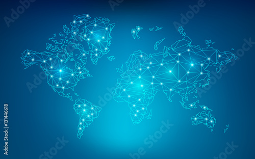 World map in wireframe style; polygon elements for info graphics