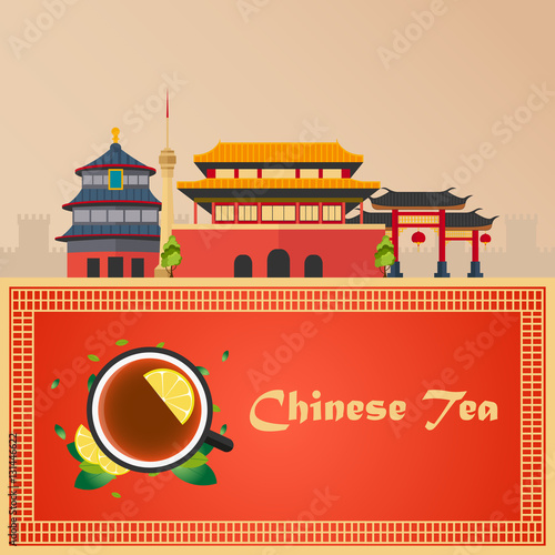 Tea time. Cup of tea with lemon. Chinese tea. Vector illustration.