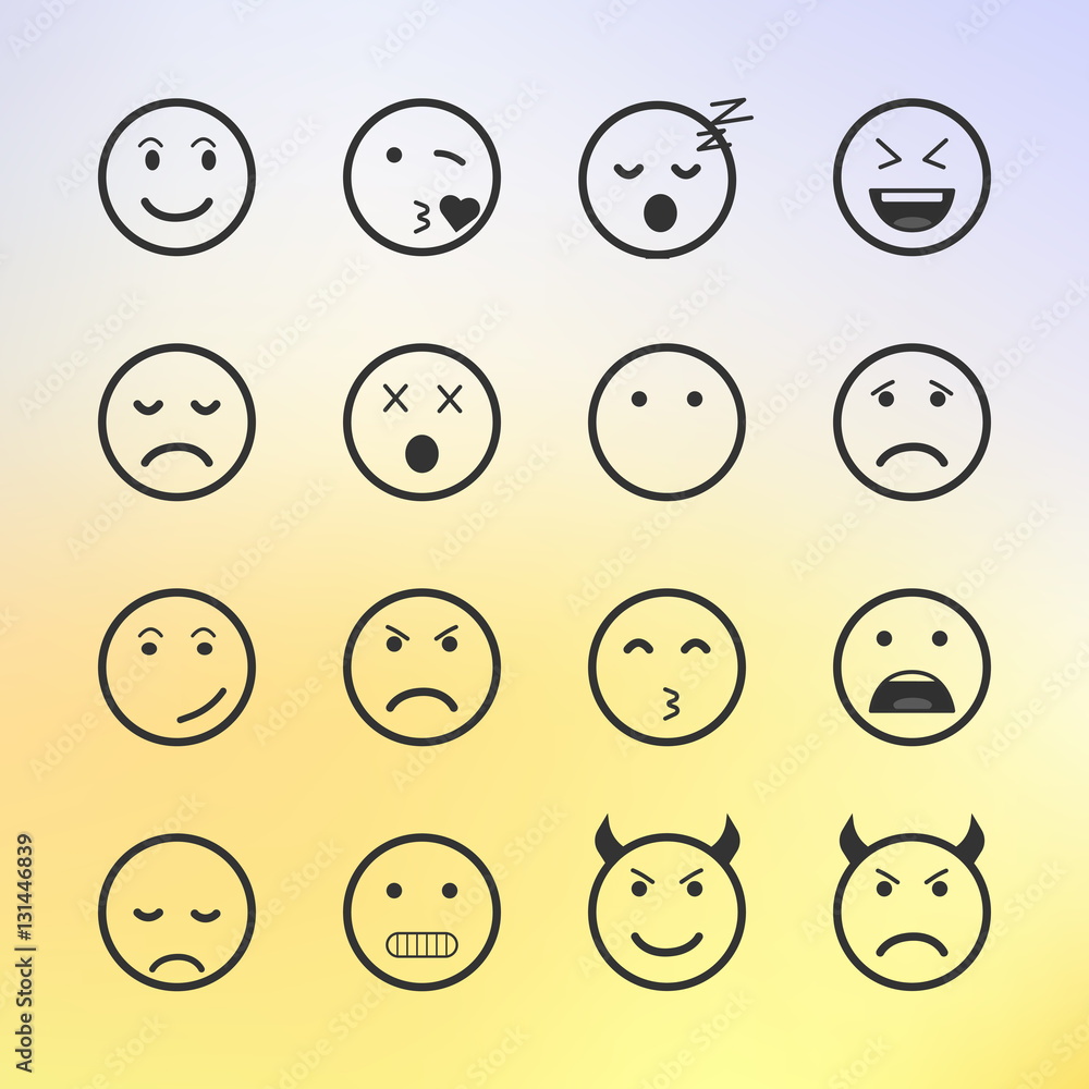 Set of green Emoticons, Emoji and Avatar. Outline style isolated vector illustration on white background. Happy, sad, disappointment face icon graphic on blurred background. Set of green Emoticons, Emoji and Avatar. Outline style isolated vector illustration on white background. Happy, sad, disappointment face icon graphic on blurred background.