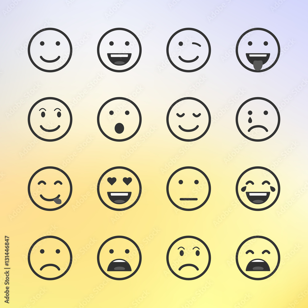 Set of green Emoticons, Emoji and Avatar. Outline style isolated vector illustration on white background. Happy, sad, disappointment face icon graphic on blurred background. Set of green Emoticons, Emoji and Avatar. Outline style isolated vector illustration on white background. Happy, sad, disappointment face icon graphic on blurred background.