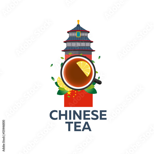 Tea time. Cup of tea with lemon. Chinese tea. Vector illustration.