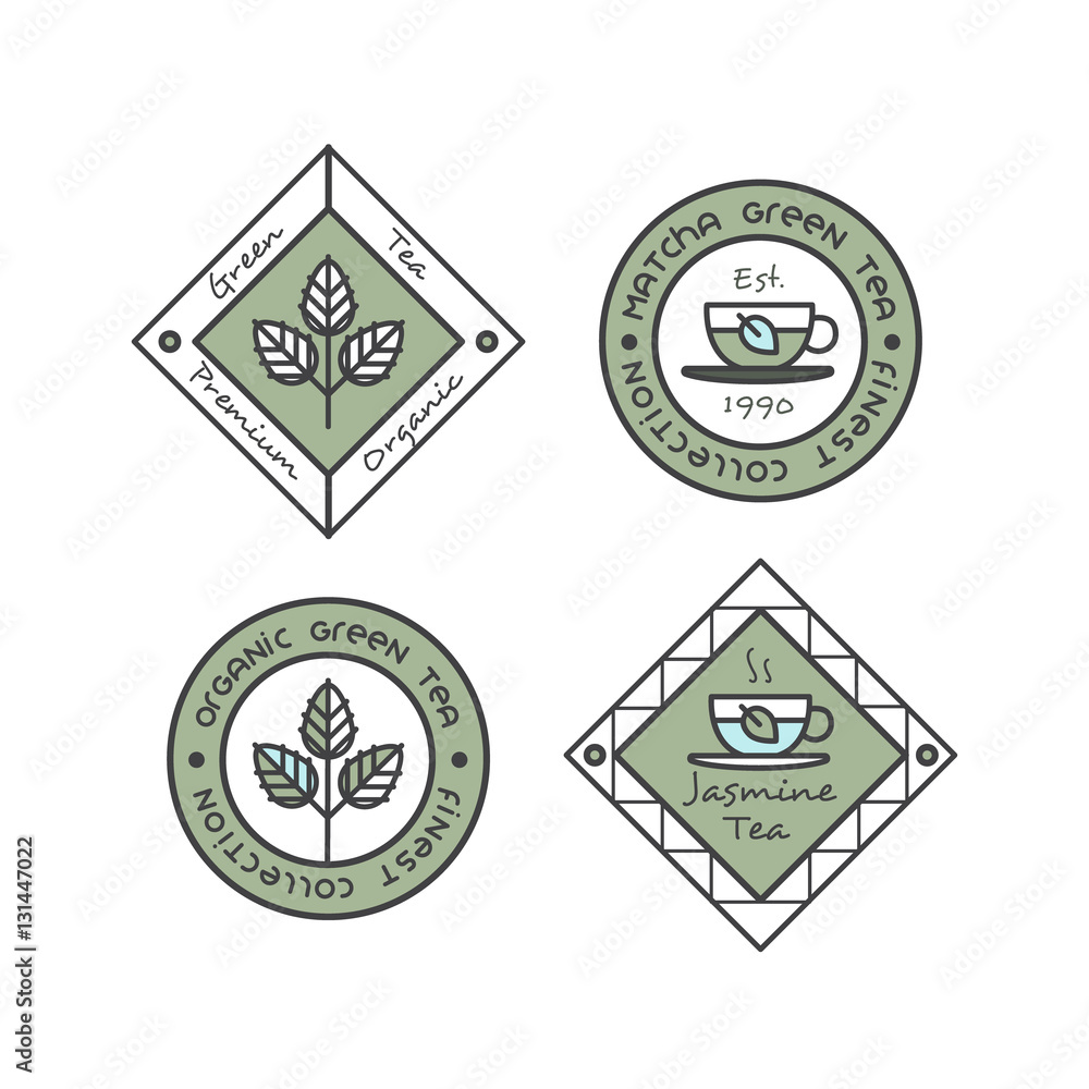 Vector Flat Icon Style Illustration Logo Badge Set for Organic Green tea Production or Shop for Healthy Lifestyle