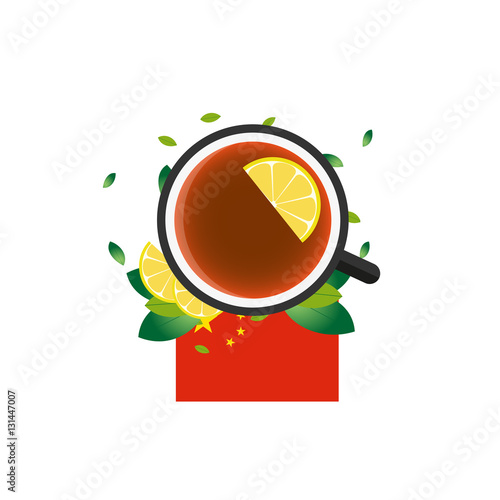 Tea time. Cup of tea with lemon. Chinese tea. Vector illustration.
