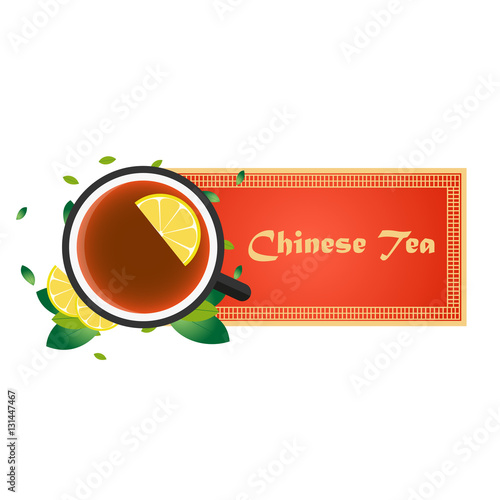 Tea time. Cup of tea with lemon. Chinese tea. Vector illustration.