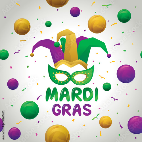 Vector illustration of Mardi Gras festival background with mask, beads and calligraphy design.