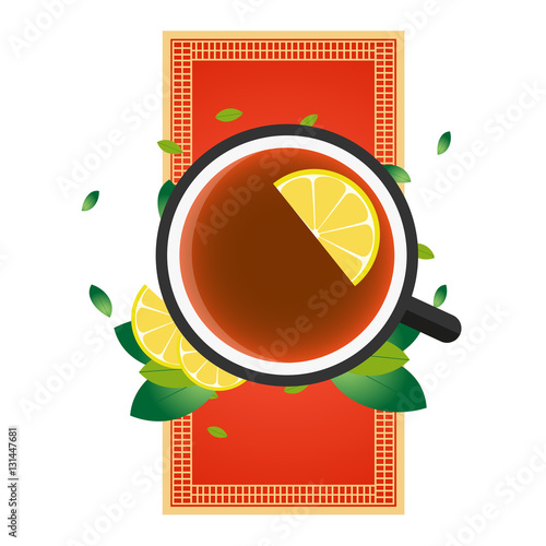 Tea time. Cup of tea with lemon. Chinese tea. Vector illustration.