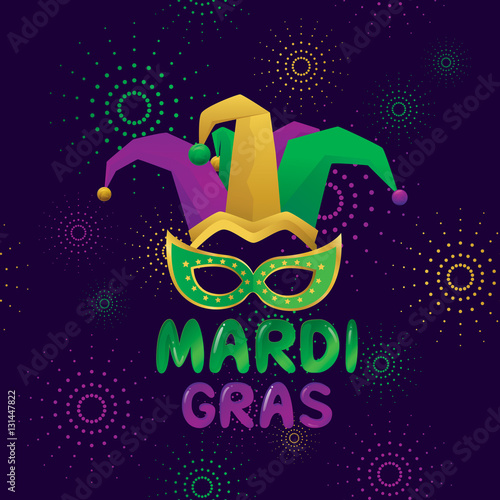 Vector illustration of Mardi Gras festival background with mask, fireworks and calligraphy design.