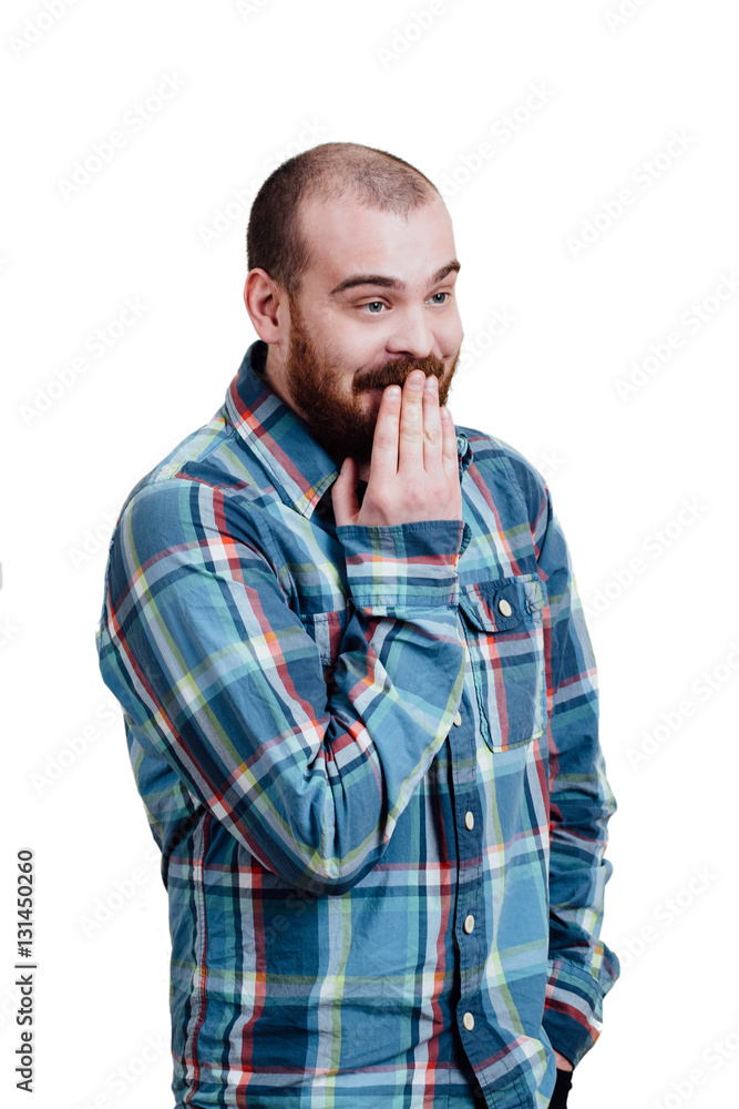 Portrait of a red-bearded, balding male brutal. White isolated b