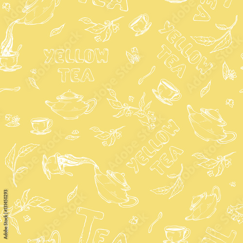 vector seamless pattern sketch of items bun-fight and lettering on soft yellow background. Tea from the kettle poured into cups