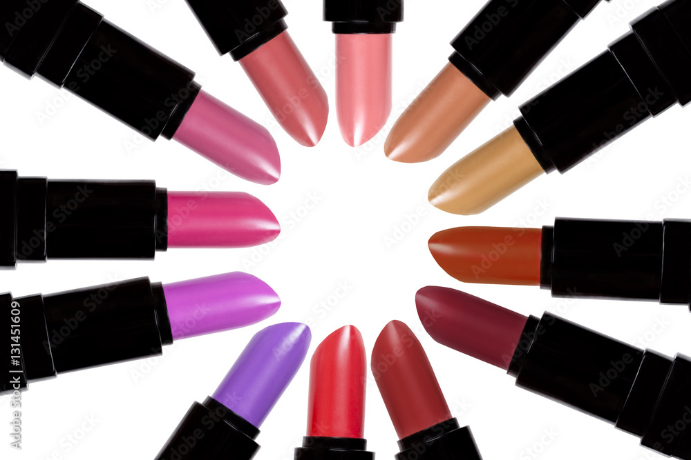 Obraz premium Set of color lipsticks forming a circle. Lipstick set isolated o