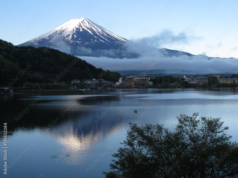 Mt.Fuji in autumn at Lake kawaguchiko in japan. Maple japan and mount fuji on blue sky. 
