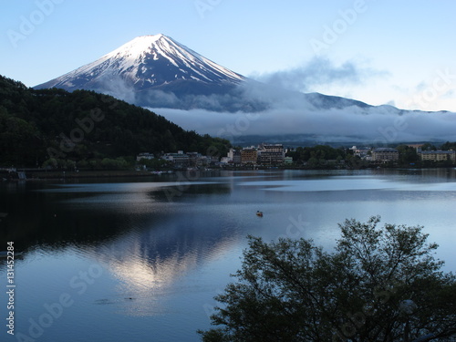 Mt.Fuji in autumn at Lake kawaguchiko in japan. Maple japan and mount fuji on blue sky. 