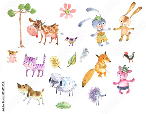 cartoon animals, watercolor