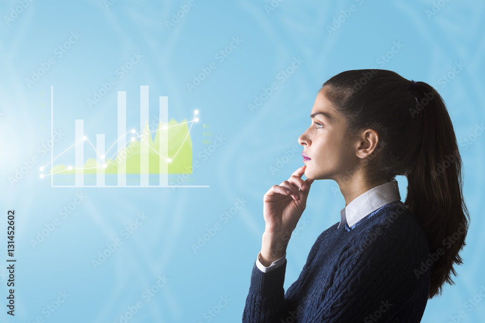 Young woman is thinking, mixed media concept about innovative business 