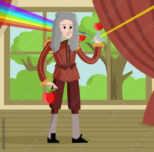 newton with a prism and rainbow light and apple tree