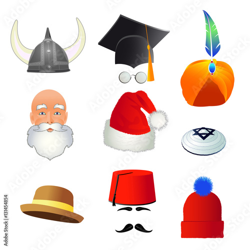 Set of cartoon top hats, different professions and nations. Vector