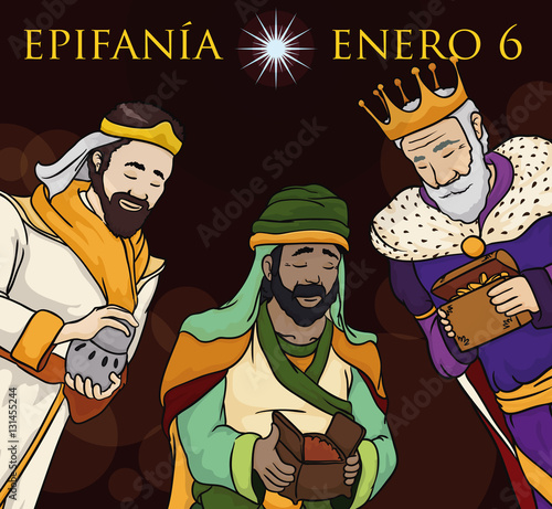 Three Wise Men Delivering Gifts in Epiphany's Night in Spanish, Vector Illustration