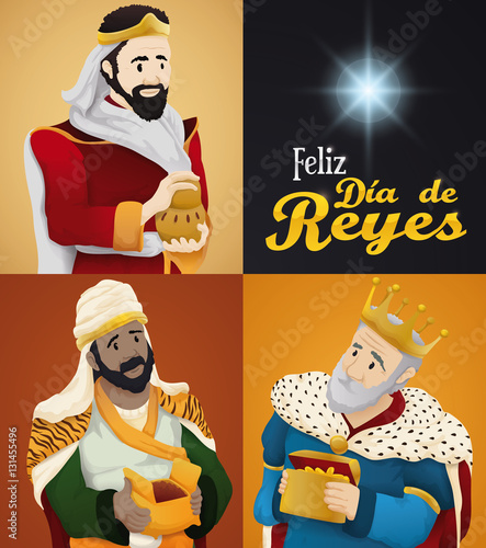 Three Magi and Star for 'Dia de Reyes' or Epiphany, Vector Illustration