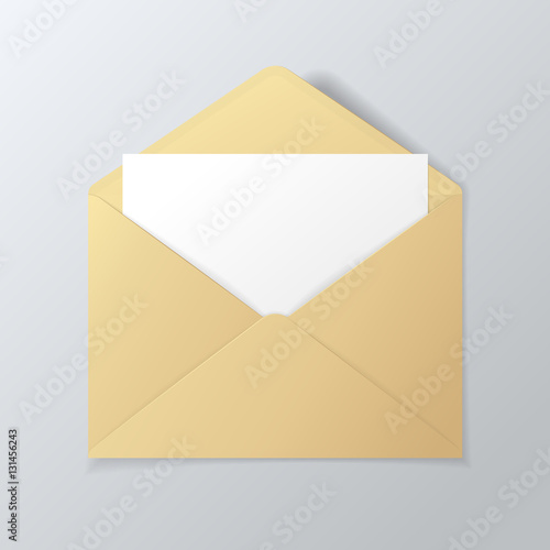 Open golden envelope with invitation card. Vector realistic template isolated from a background.