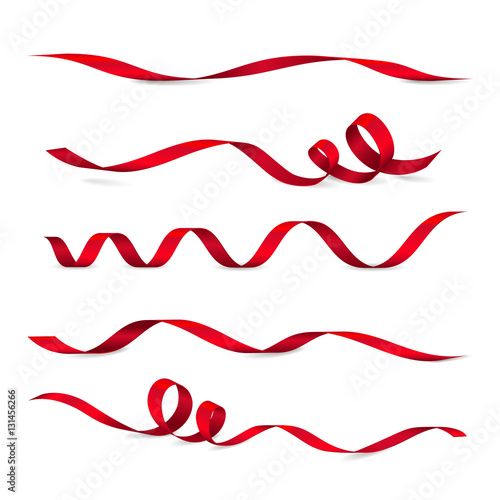 Set of five shiny red ribbons. Vector realistic elements for your design greeting or gift card and invitation for holidays. Isolated from the background. photo