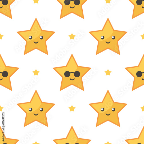 Yellow emoji smiling star characters seamless pattern background.