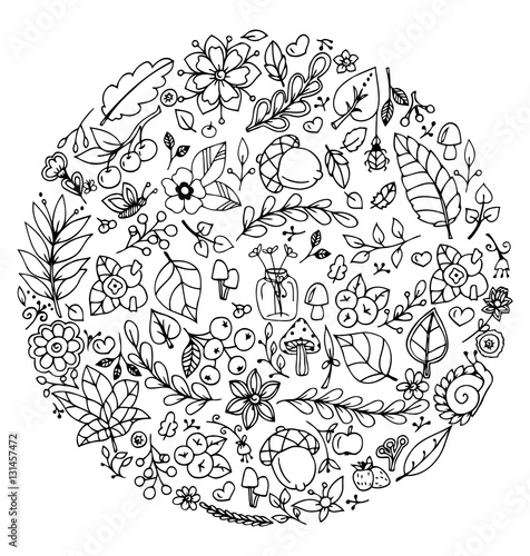 Vector illustration Zen Tangle, circle autumn set. Doodle drawing. Meditative exercise. Coloring book anti stress for adults. Black white.
